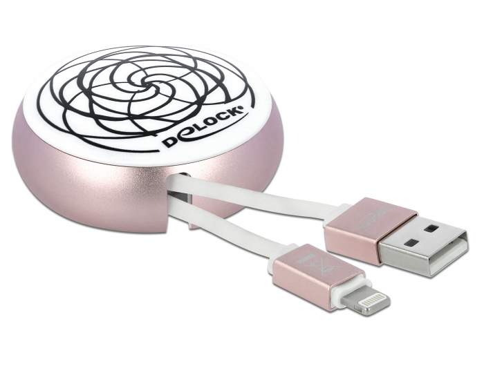 Delock USB 2.0 behúzható kábel A-típusú   Lightning  8 tűs, fehér / halvány rózsaszín (85817)