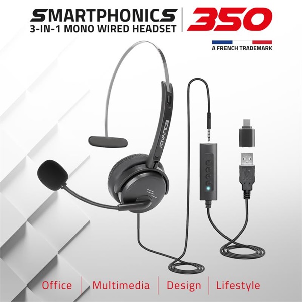 Advance SMARTPHONICS 350  3,5mm Jack/USB  1,5m kábel  fekete Fejhallgató 