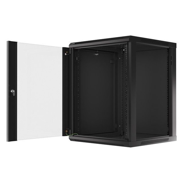 Lanberg WF01-6615-10B 19" 15U SZÉL:600 MÉLY:600 MAG:774 lapraszerelt üvegajtós fekete fali rack szekrény
