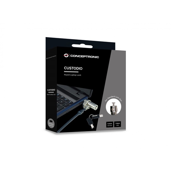 Conceptronic  CUSTODIO02BS   Kulcsos  2db Standard Lock Slot  1,8m   Notebook Kábelzár