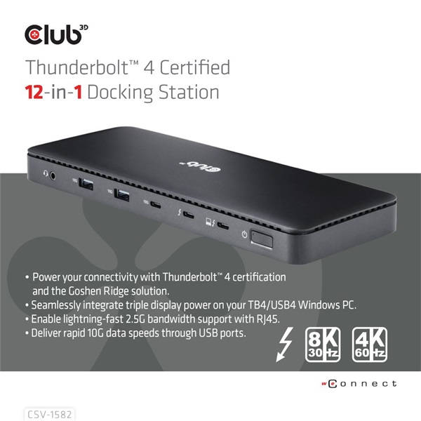 Club 3D CSV-1582 140W Thunderbolt 4  DP, 2xHDMI, USB-C, 4xUSB-A, SD, TF, RJ45, 3,5 Jack, DC Notebook Dokkoló