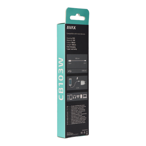  AVAX CB103W PURE 2.1A  1m USB A-Type C kábel    Fehér 