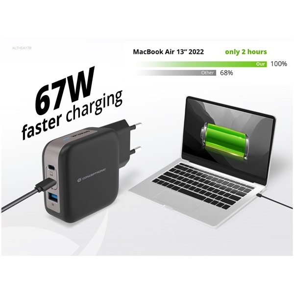 Conceptronic telefon töltő adapter+kábel ALTHEA17B  2xUSB-C+USB-A 67W  USB-C töltő kábel Fekete