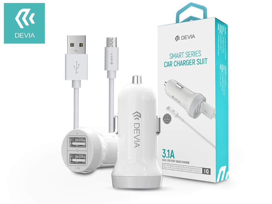 Devia Smart Series Dual USB Quick Charge szivargyújtó töltő + 1m-es micro USB kábel 5V/3,1A fehér (ST331183)