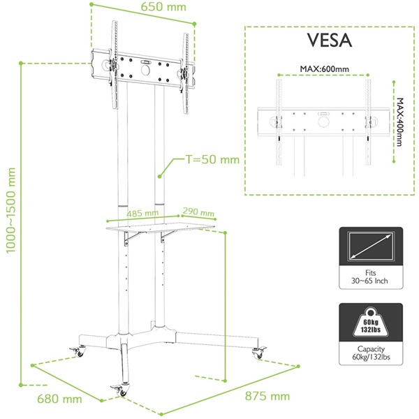 TECHLY ICA-TR6  30-65" LED/LCD kijelzőhöz gurulós padlóállvány