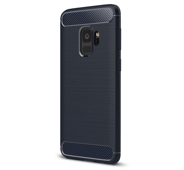 Szilikon telefonvédő (közepesen ütésálló, légpárnás sarok, szálcsiszolt, karbon minta) SÖTÉTKÉK [Samsung Galaxy S9 (SM-G960)]