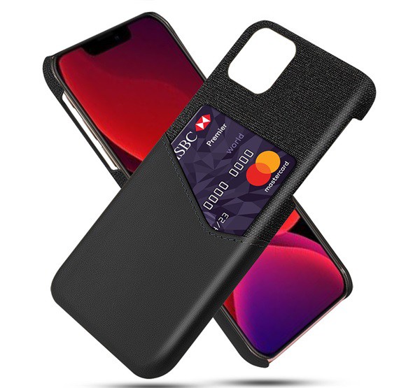 Műanyag telefonvédő (közepesen ütésálló, bankkártya tartó, textil bevonat, bőr hatású hátlap) FEKETE [Apple iPhone 12 Pro]