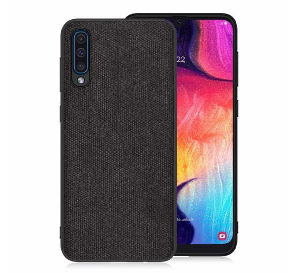 Szilikon telefonvédő (textil hátlap) FEKETE [Samsung Galaxy A50s (SM-A507F)]