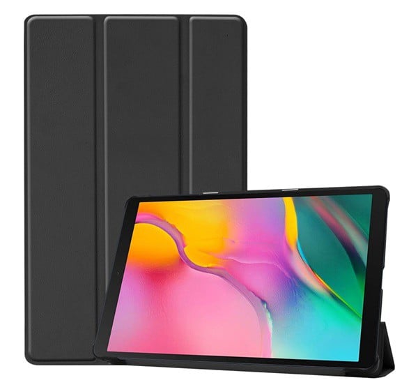 Tok álló, bőr hatású (aktív FLIP, oldalra nyíló, TRIFOLD asztali tartó funkció) FEKETE [Samsung Galaxy Tab A 10.1 LTE (2019) SM-T515]