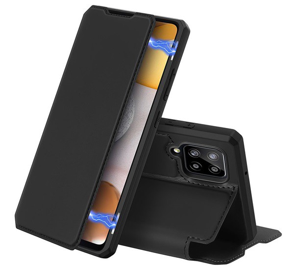 DUX DUCIS SKIN X tok álló, bőr hatású (FLIP, oldalra nyíló, asztali tartó, vezeték nélküli töltés támogatás) FEKETE [Samsung Galaxy ...