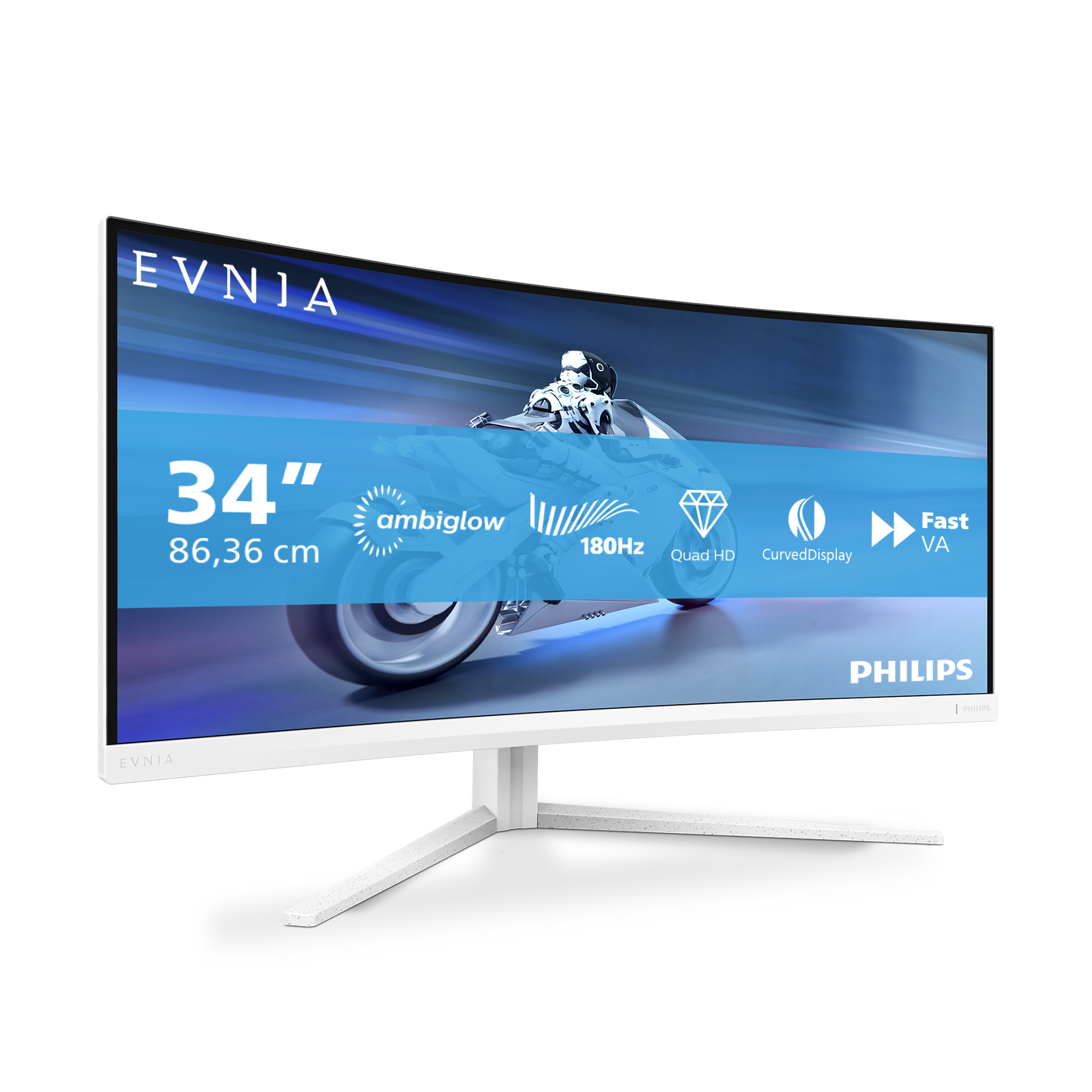 Philips 34" 34M2C5501A Monitor -  3440x1440, LED, Ívelt, UWQHD, 180Hz, 1ms,  Hangszóró, FreeSync, G-Sync, Állítható magasság, Gamer, Fehér