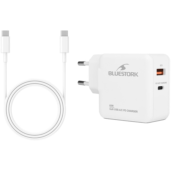 Bluestork PW-BS-65-GAN-C-A-W USB-C USB-A 65W 1,8m kábel gyorstöltés Hálózati töltő Fehér Bluestork PW-BS-65-GAN-C-A-W USB-C USB-A 65W 1,8m kábel gyorstöltés Hálózati töltő Fehér