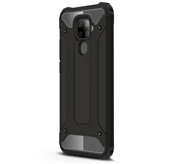 Defender műanyag telefonvédő (közepesen ütésálló, légpárnás sarok, szilikon belső, fémhatás) FEKETE [Huawei Mate 30 Lite (Nova 5i Pro)]