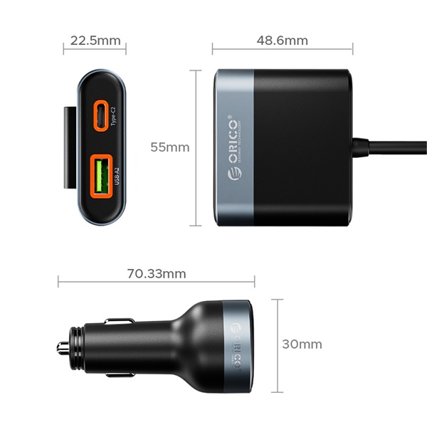 ORICO  CC-98AC-BK-BP  Szivargyújtós  hoszabbítóval  2xUSB-A+2xUSB-C autós töltő Fekete