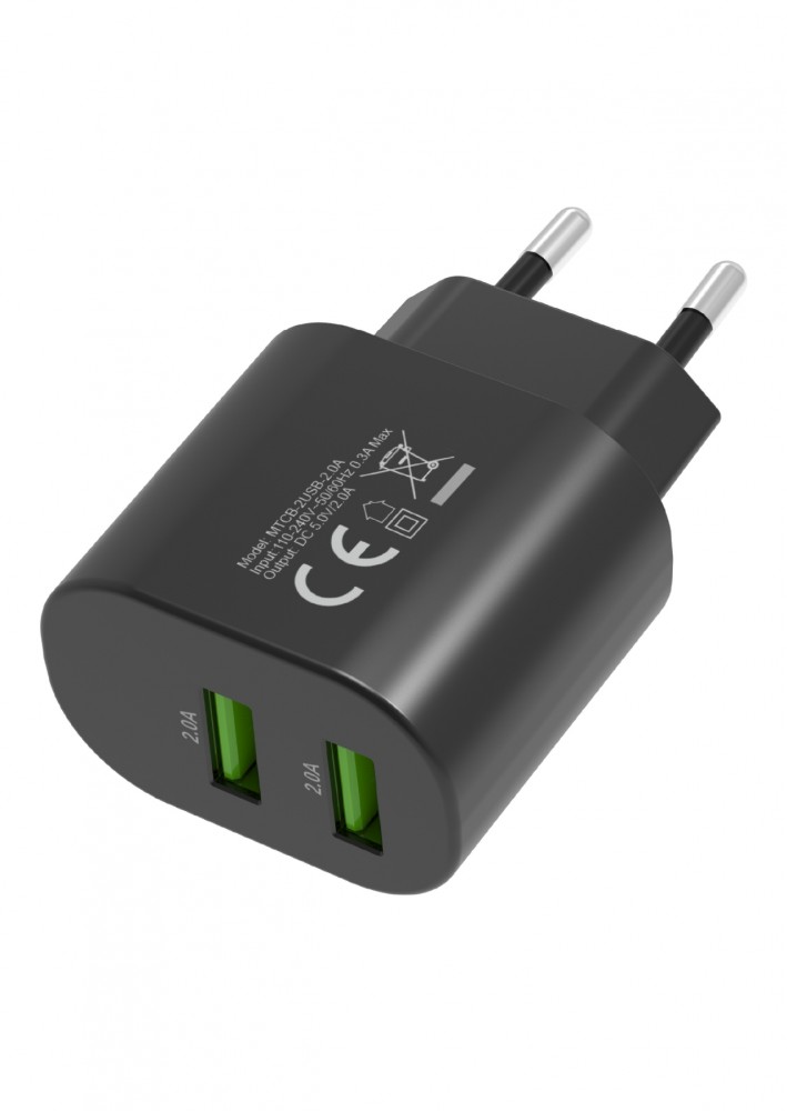 Hálózati  2 USB csatlakozóval 10W töltő adapter Fekete