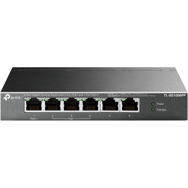 TP-LINK Switch 6x1000Mbps(3xPOE+ + 1xPOE++) Fémházas Asztali, TL-SG1006PP