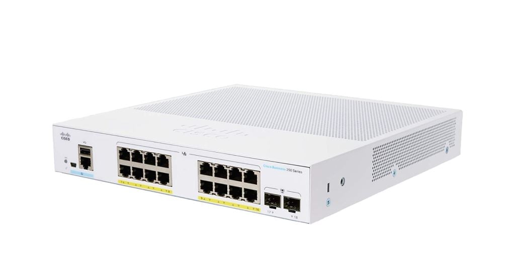Cisco CBS250-16P-2G 16x GbE PoE+ LAN 2x SFP port L3 menedzselhető PoE+ switch (CBS250-16P-2G-EU)