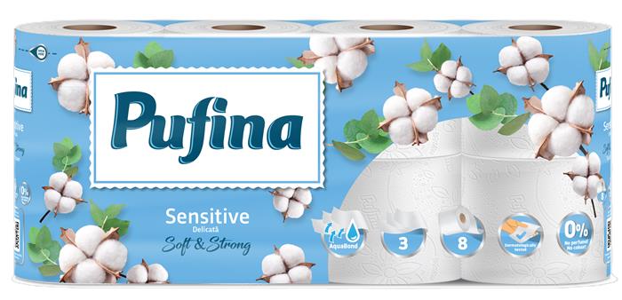 PUFINA Sensitive Aquabond  3 rétegű kistekercses 8 tekercs illatmentes Toalettpapír
