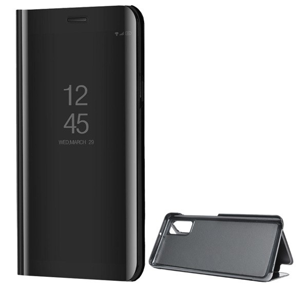 Tok álló (aktív FLIP, oldalra nyíló, asztali tartó funkció, tükrös felület, Mirror View Case) FEKETE [Samsung Galaxy A41 (SM-A415F)]