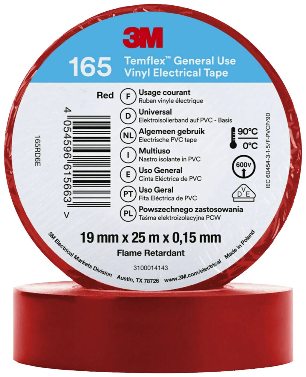 3M Temflex 165 165RD6E vinil szigetelőszalag, piros, 25 m x 19 mm