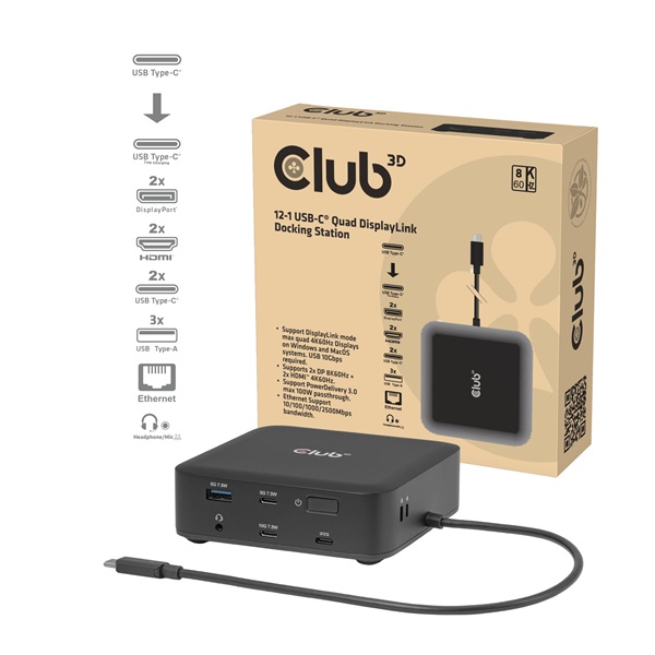 Club 3D CSV-2542  USB-C to 2x Displayport 8K60Hz + 2x HDMI™ 4K60Hz PD3.0 100Watt Ethernet 2.5G  Notebook Dokkoló