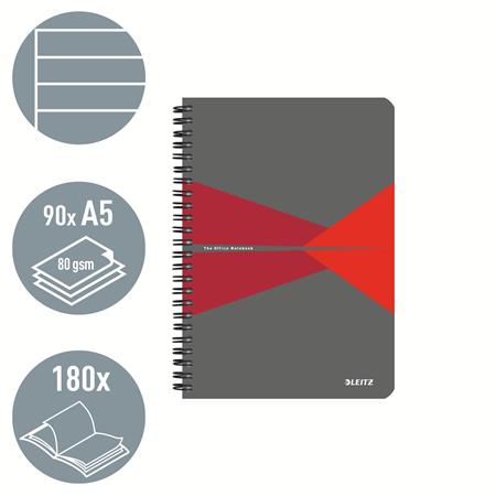 Spirálfüzet, A5, vonalas, 90 lap, laminált karton borító, LEITZ "Office", szürke-piros