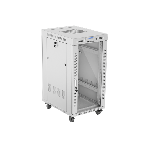 Lanberg 19" szabadon álló rack szekrény 22U/600X800 üvegajtó, lapraszerelt, LCD kijelző, szürke V2