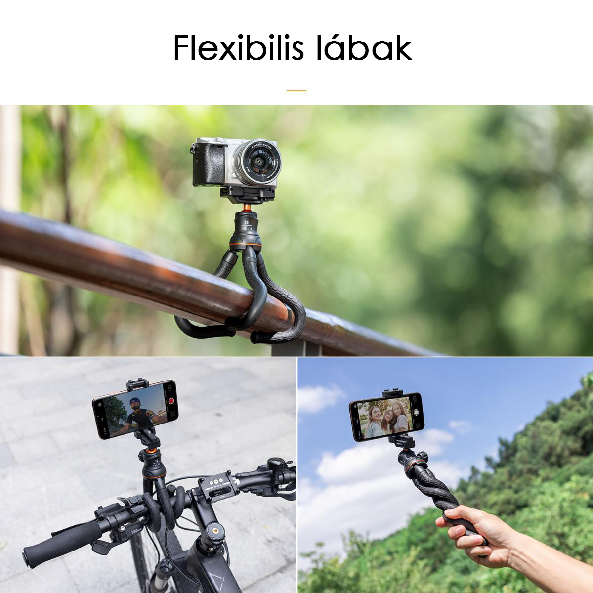 K&F Concept MS-01 hajlítható lábú állvány, gömbfejjel, bluetooth kioldóval