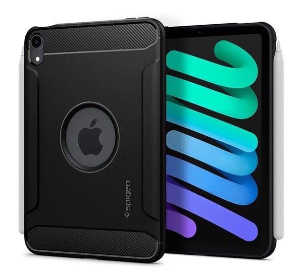SPIGEN RUGGED ARMOR szilikon telefonvédő (közepesen ütésálló, légpárnás sarok, karbon minta, logó kivágás) FEKETE [Apple IPAD mini 6 ...