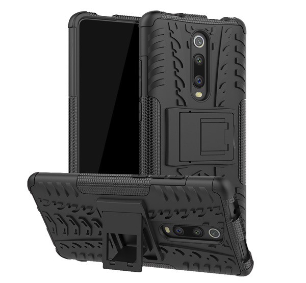 Defender műanyag telefonvédő (közepesen ütésálló, szilikon belső, kitámasztó, autógumi minta) FEKETE [Xiaomi Redmi K30 / K30 5G]