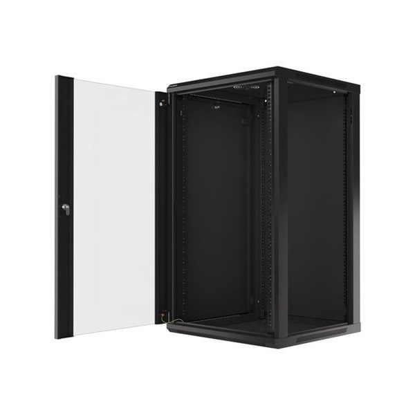 Lanberg WF01-6622-10B 19" 22U SZÉL:600 MÉLY:600 MAG:1085 lapraszerelt üvegajtós fekete fali rack szekrény