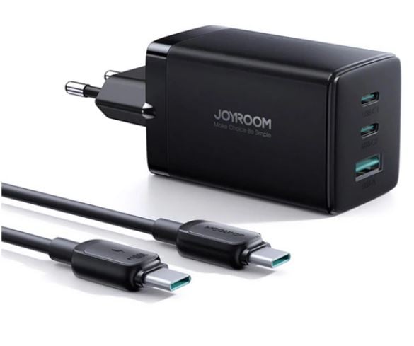 JOYROOM hálózati töltő USB-A + 2xUSB-C aljzat + USB-C - USB-C kábel (65W, GaN, PD gyorstöltő 3.0) fekete (TCG01)