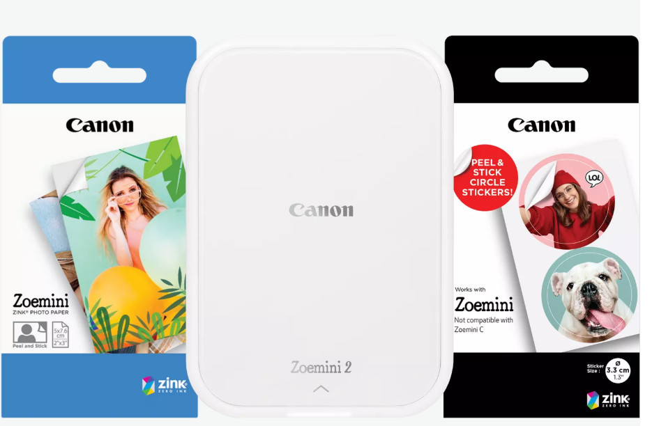 Canon ZOEMINI 2 Fotónyomtató Gyöngyházfehér + 5x7,6cm ZINK fotópapír 20 lap + 3.3 cm ZINK 10 lap körmatrica papír