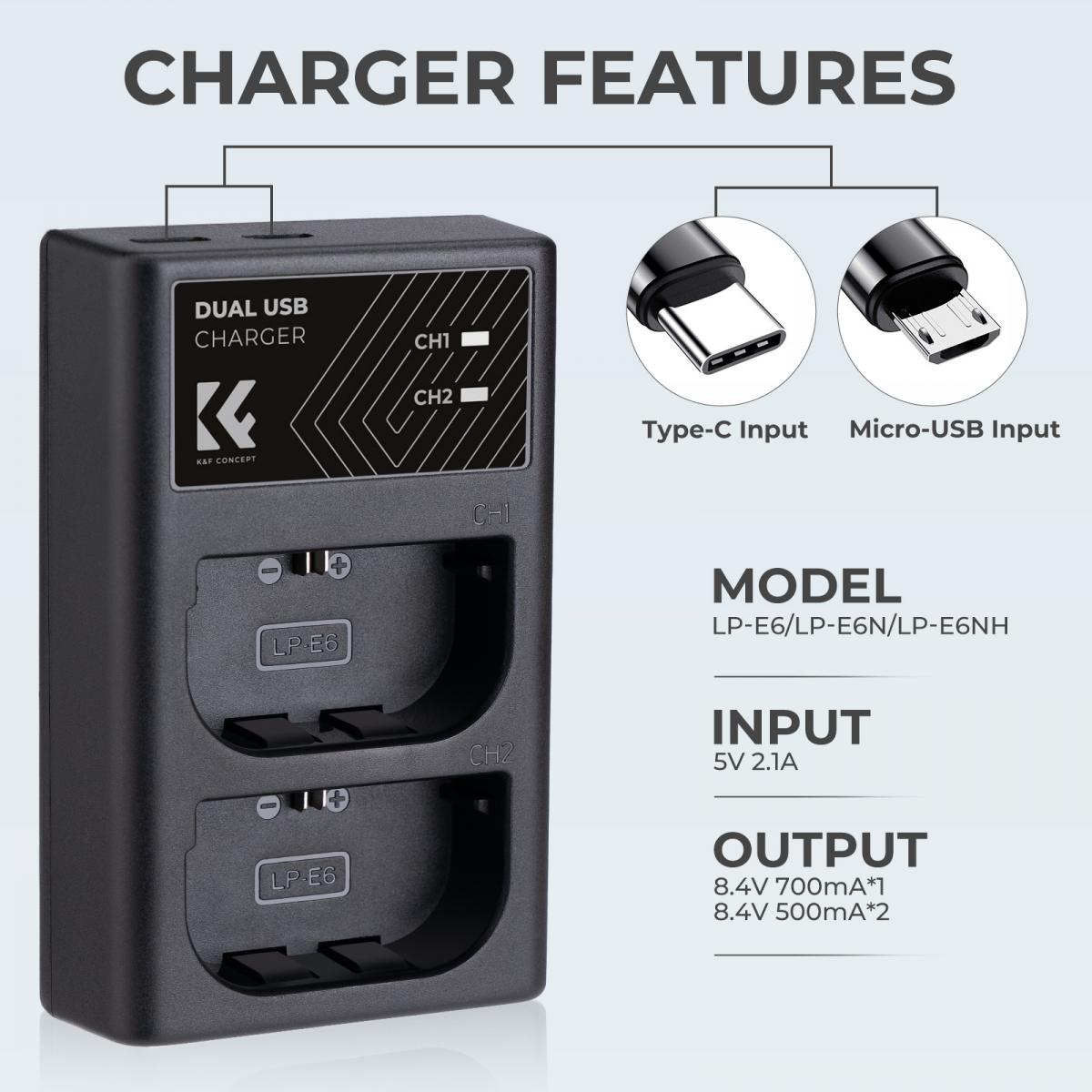 K&F Concept hordozható dupla LC-E6 akkumulátor töltő, USB-C, 2db LP-E6NH akkumulátorhoz