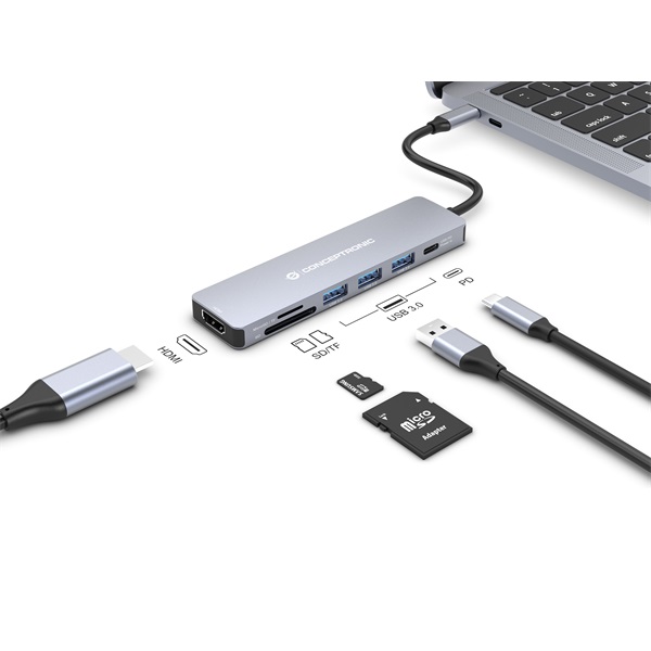 Conceptronic DONN18G  USB-C to HDMI/USB-C PD/USB 3.0/SD/TF Notebook Dokkoló 