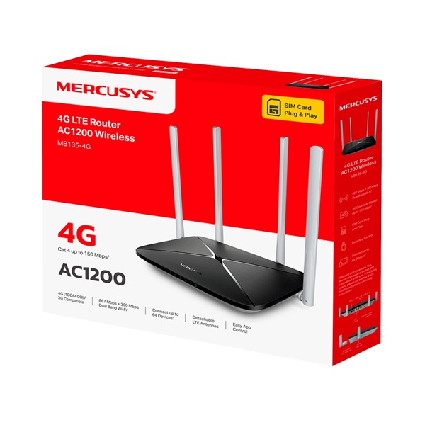 MERCUSYS  MB135-4G AC1200 1xWAN/LAN(100Mbps) +3xLAN(100Mpbs)  3G/4G Modem + Wireless Router