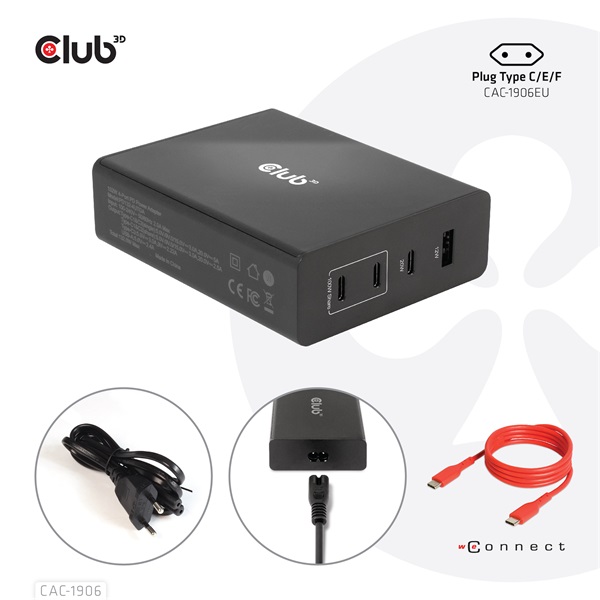 Club 3D  CAC-1906  132W GaN  2x USB-A  2x USB-C  PD3.0, 4 csatlakozó Hálózati Töltő 