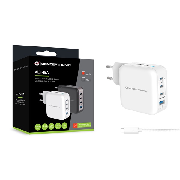 Conceptronic  ALTHEA18W 3xUSB-C+USB-A 100W USB-C töltő kábel  telefon töltő adapter+kábel fehér 