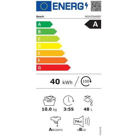 Bosch WGH256A0BY Elöltöltős mosógép Fehér/Fekete - 10 kg, 1600 ford./perc, A Energiaosztály