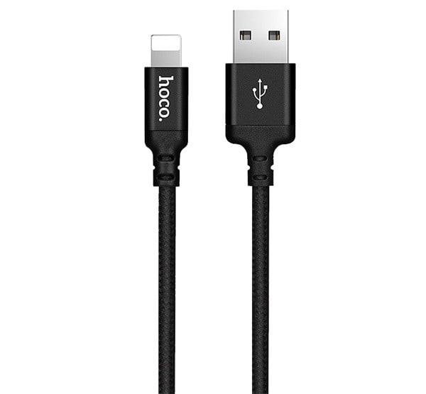 HOCO X14 adatátviteli kábel és töltő (USB - lightning 8pin, gyorstöltés támogatás, 200cm, cipőfűző minta) FEKETE (X14_LIGHT_2M_B)