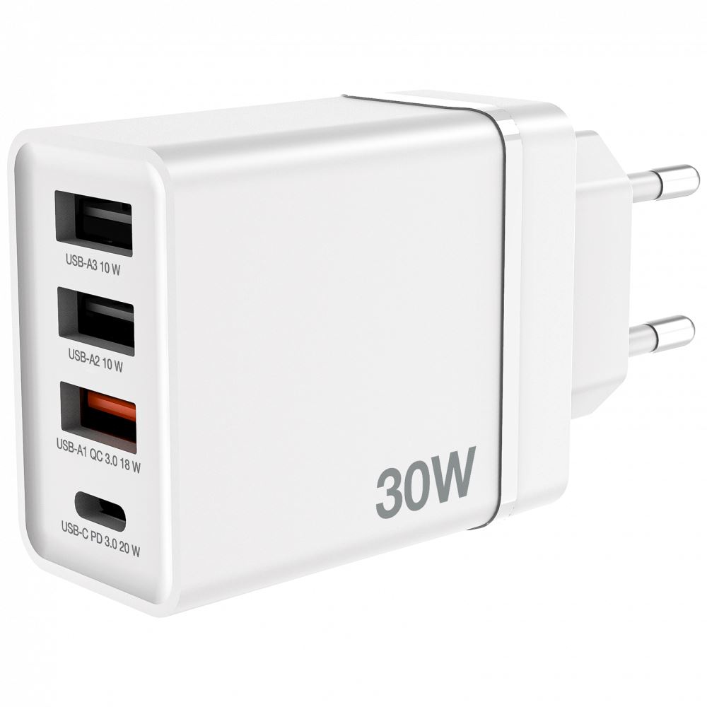 Verbatim 30W 4-Port (1xUSB-C PD 20W / 1xUSB-A QC 3.0 / 2xUSB-A 10W) EU hálózati töltő fehér (49701)