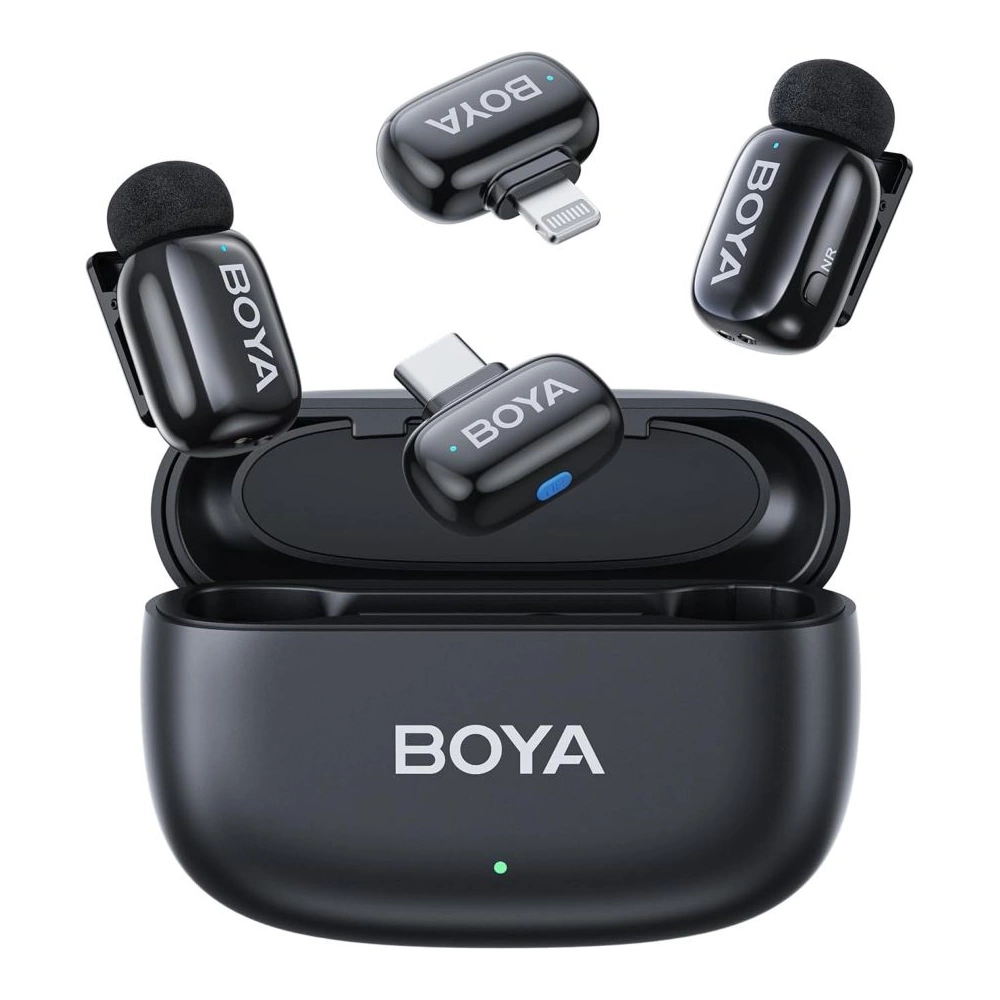 BOYA Mini - Ultrakompakt vezeték nélküli mikrofon 2 adó + 2 vevő (USB-C + Lightning csatlakozó) + 1 töltőtok Fekete