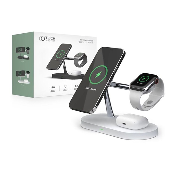 Tech-Protect A12 15W Qi 3in1 fehér univerzális vezeték nélküli töltő állomás