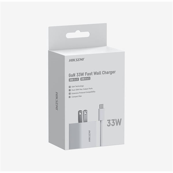 Hikvision HIKSEMI 1db USB-C 1db USB-A + USB-C kábel 33W US plug Telefon töltő Hikvision HIKSEMI 1db USB-C 1db USB-A + USB-C kábel 33W US plug Telefon töltő