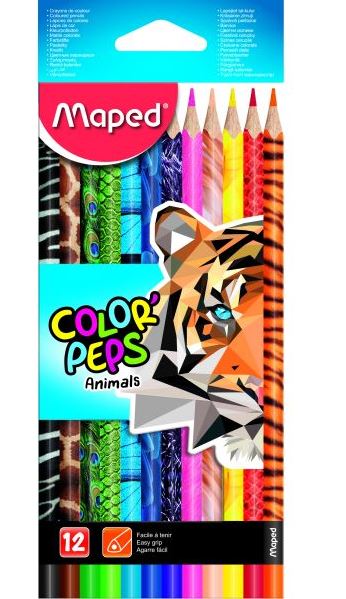 Színes ceruza készlet, háromszögletű, MAPED "Color`Peps Animal", 12 különböző szín