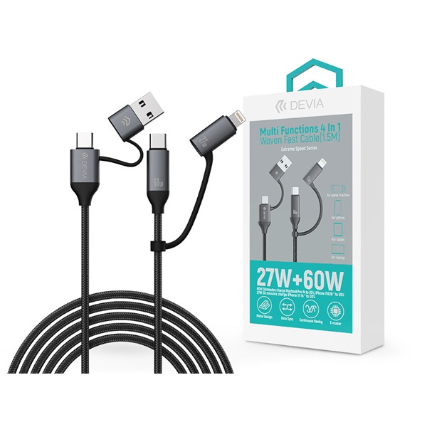 Devia Extreme Speed Series Multi Functions 1,5m 4in1 USB-A - USB-C (Type-C)/Lightning adat- és töltőkábel Fekete