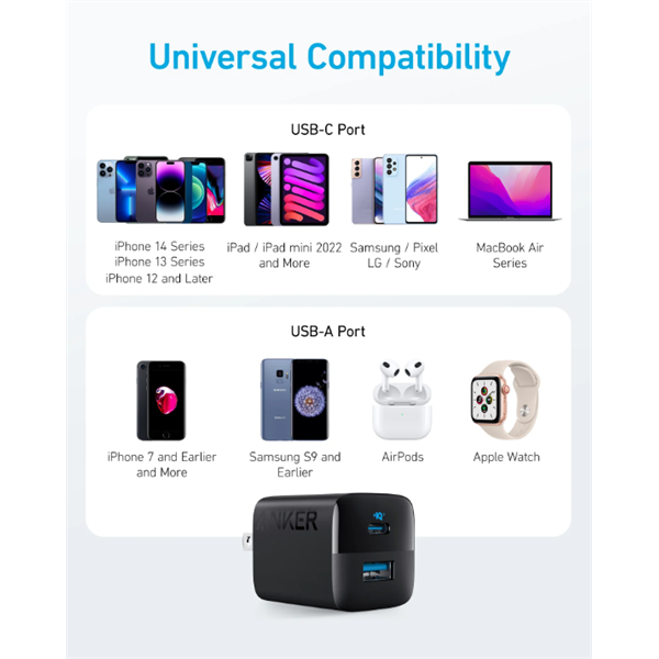 ANKER Hálózati Töltő, 323, 33W, USB-C, USB-A, EU, fekete -  A2331G11
