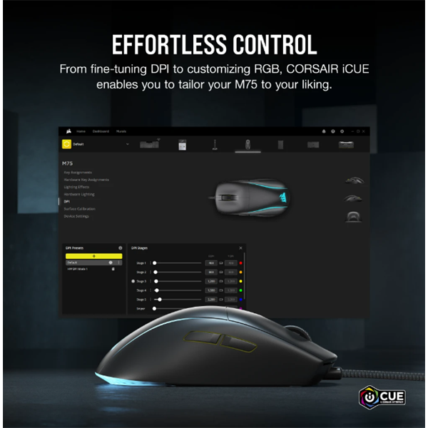 CORSAIR Vezetékes Egér Gaming, M75 RGB, Ultra-könnyű, RGB Világítás, 26000dpi, fekete