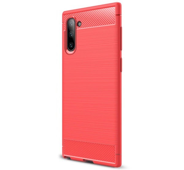 Szilikon telefonvédő (közepesen ütésálló, légpárnás sarok, szálcsiszolt, karbon minta) PIROS [Samsung Galaxy Note 10 (SM-N970F)]
