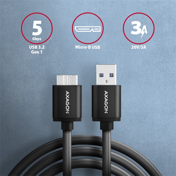 Axagon BUMM3-AM10AB micro USB 3.2 Gen 1 B - USB A 1 m fekete kábel Axagon BUMM3-AM10AB micro USB 3.2 Gen 1 B - USB A 1 m fekete kábel